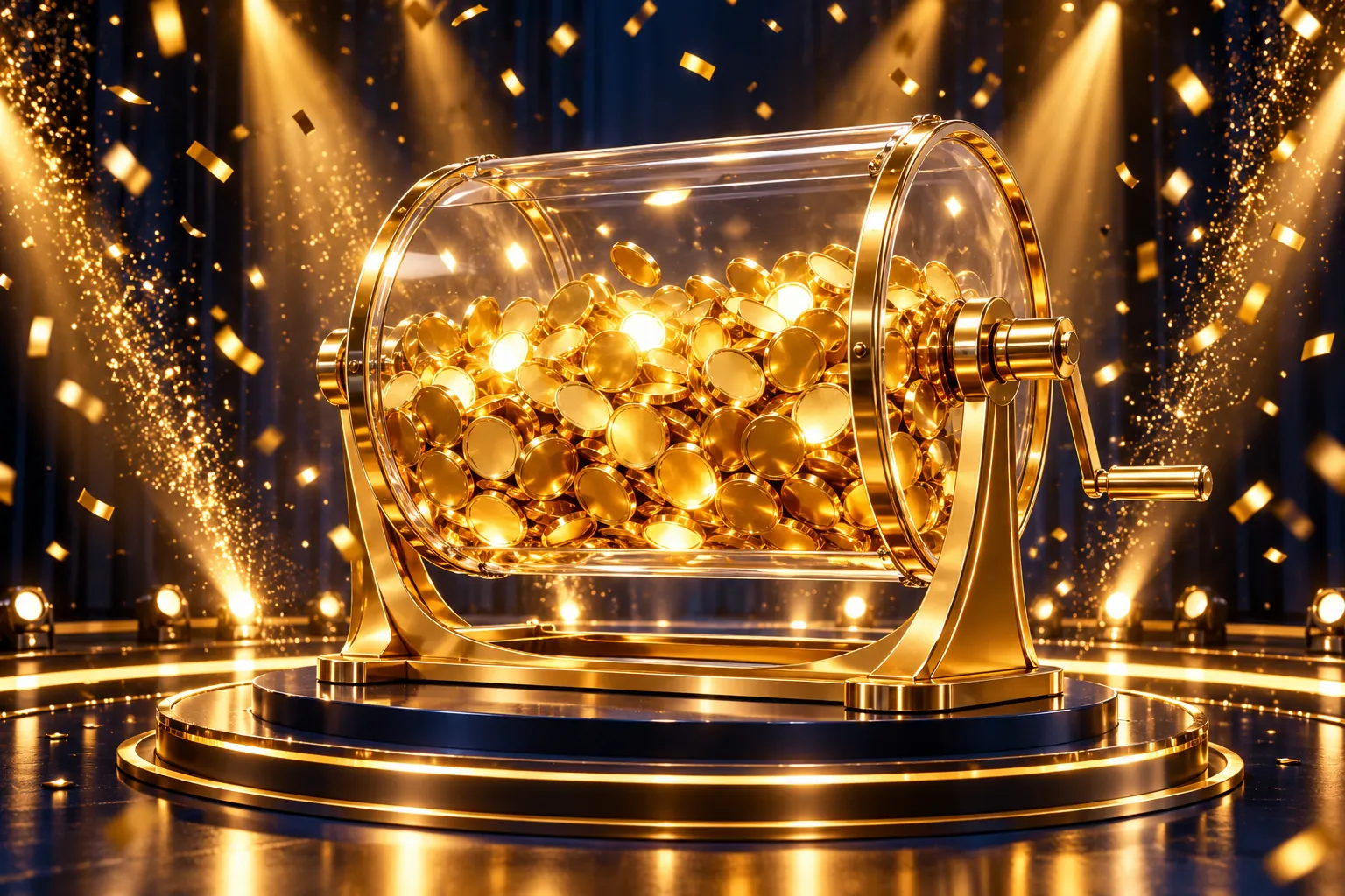 A glass prize drum full of glowing gold tokens on a lit stage