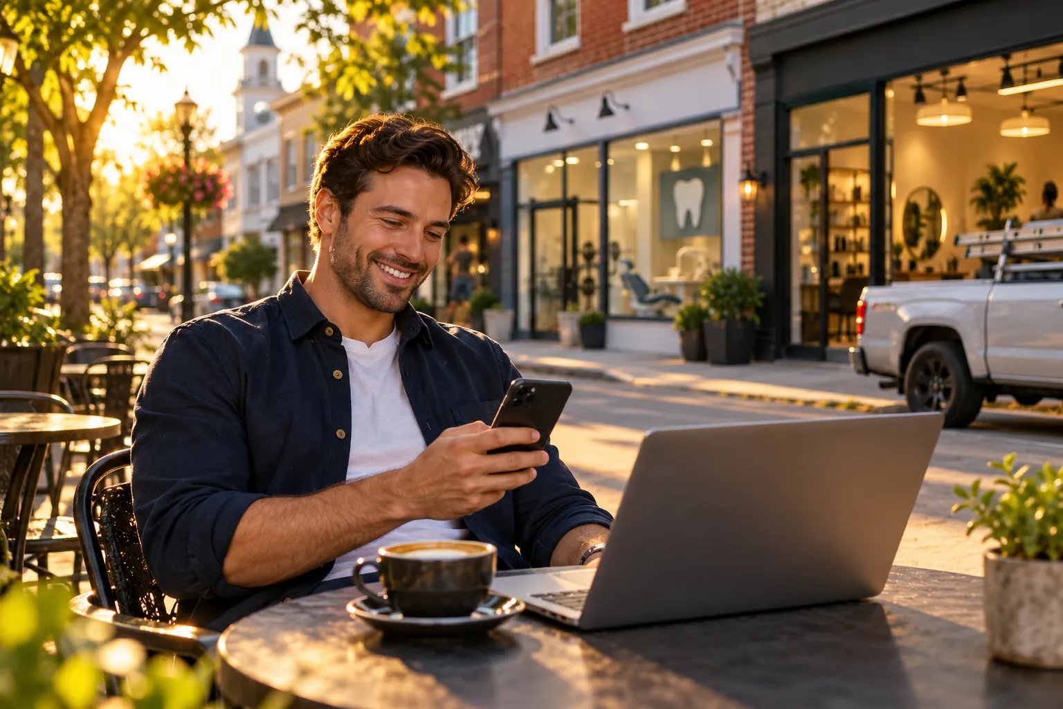 A man at a cafe on a small-town main street, laptop open, grinning at his phone, local businesses behind him