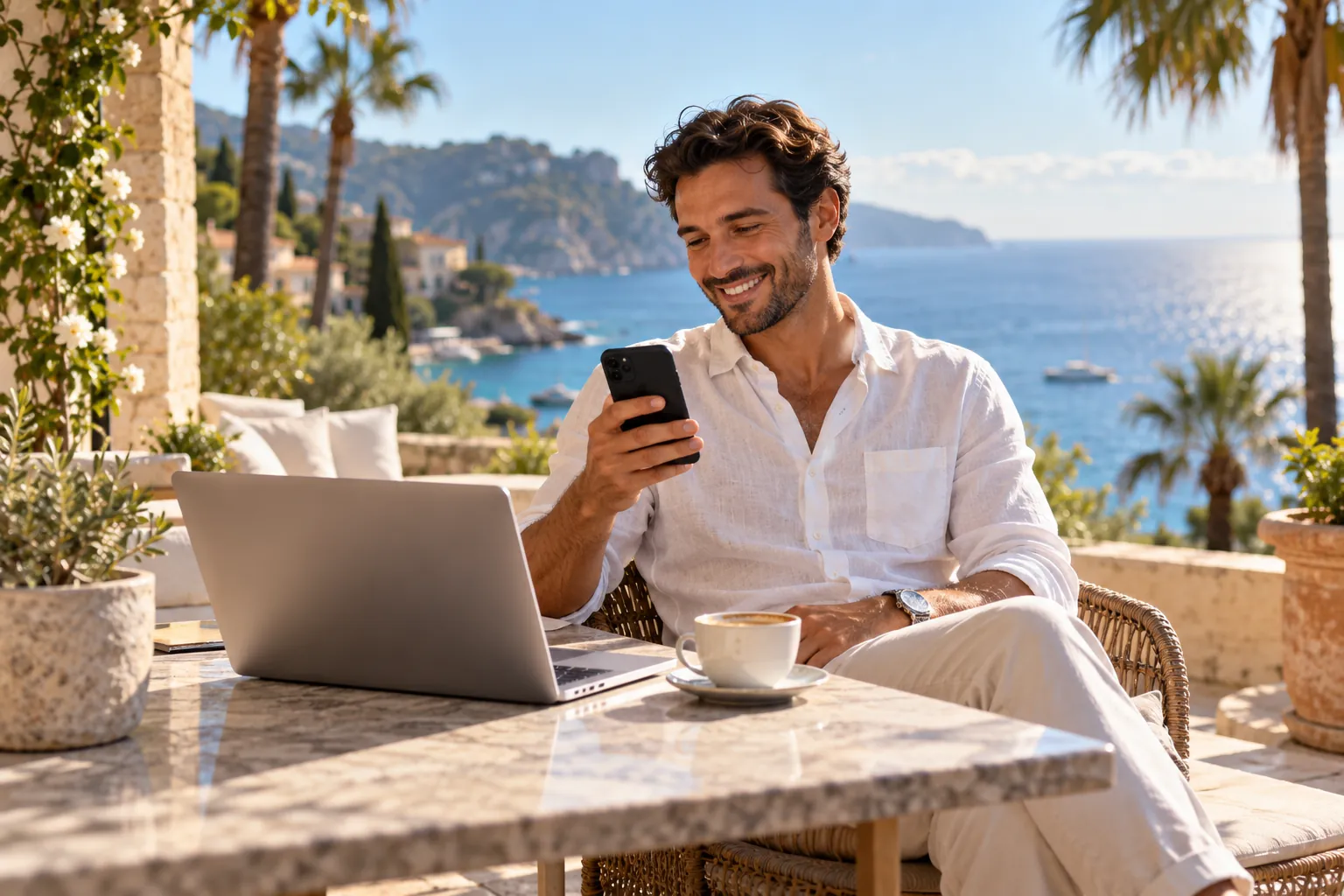 A relaxed entrepreneur on a sunny terrace with a laptop, a coffee and a phone