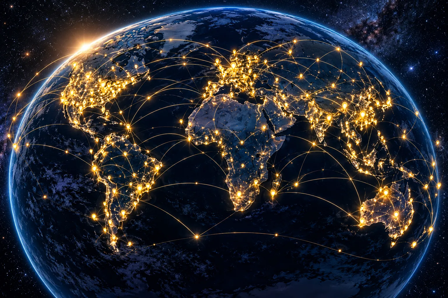 Earth at night with glowing gold pins over towns on every continent