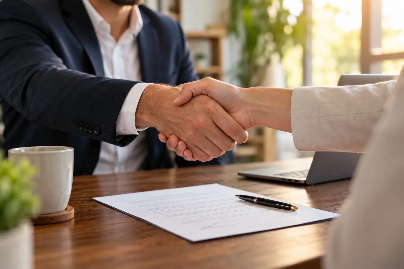 A handshake across a desk over a signed one-page agreement