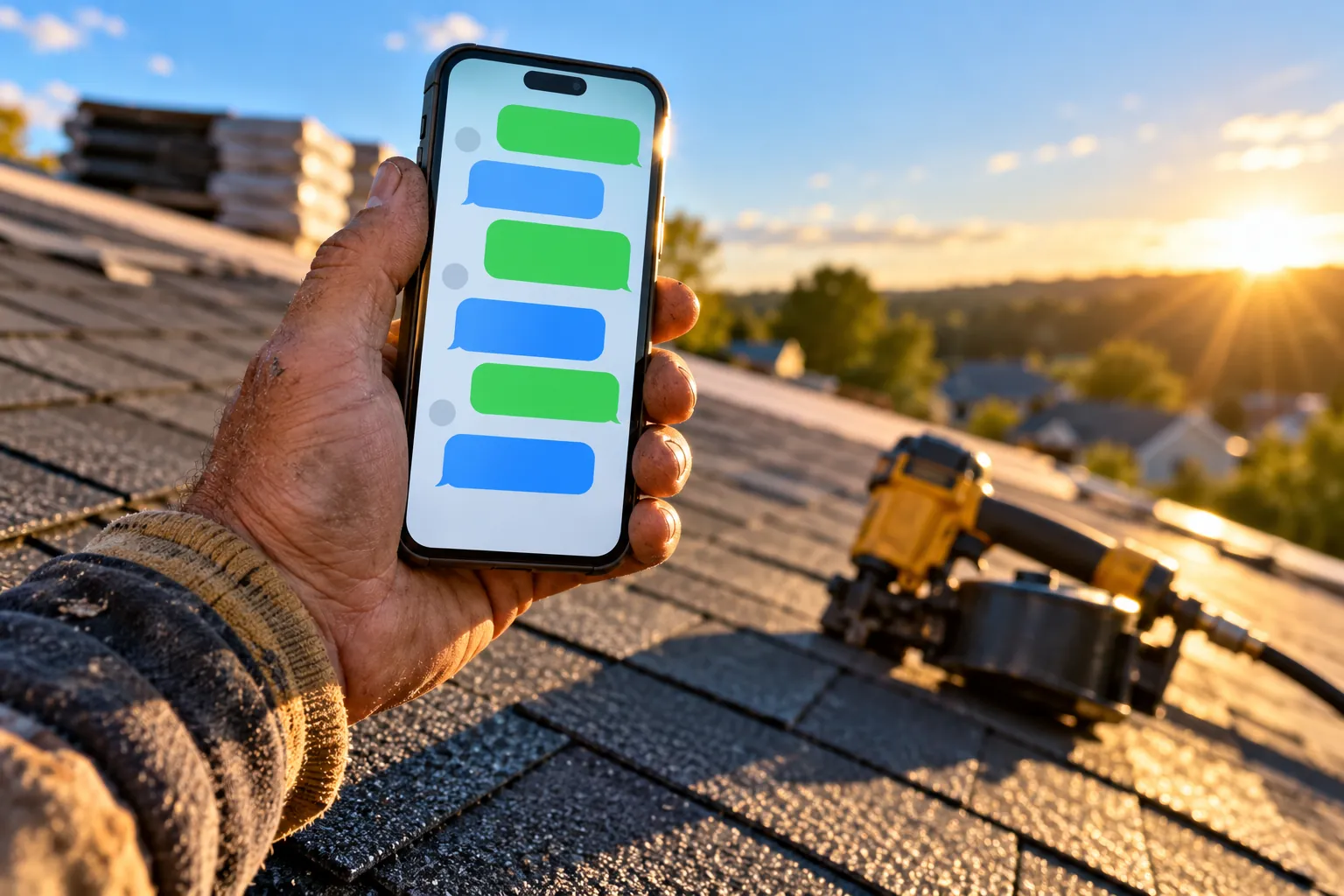 A roofer on a sunny roof holding a phone lit up with new messages