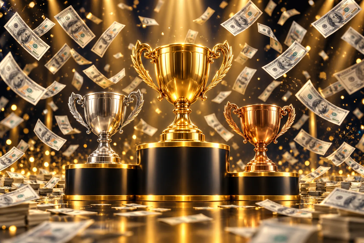 A black and gold winner's podium with gold, silver and bronze trophies and hundred dollar bills falling like confetti
