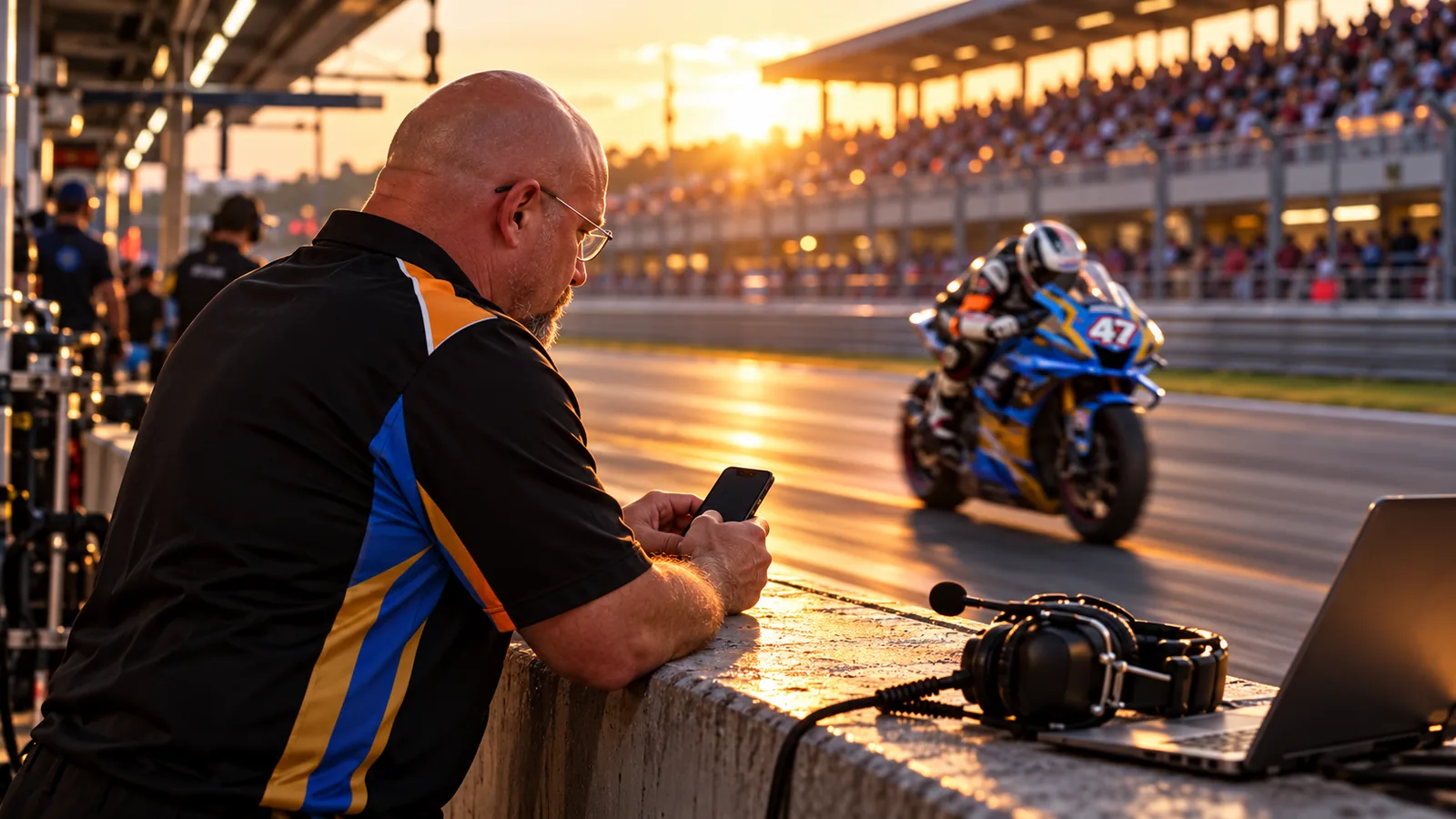 Sean on the pit wall as team manager, laptop open, tapping his phone as his number 47 superbike passes