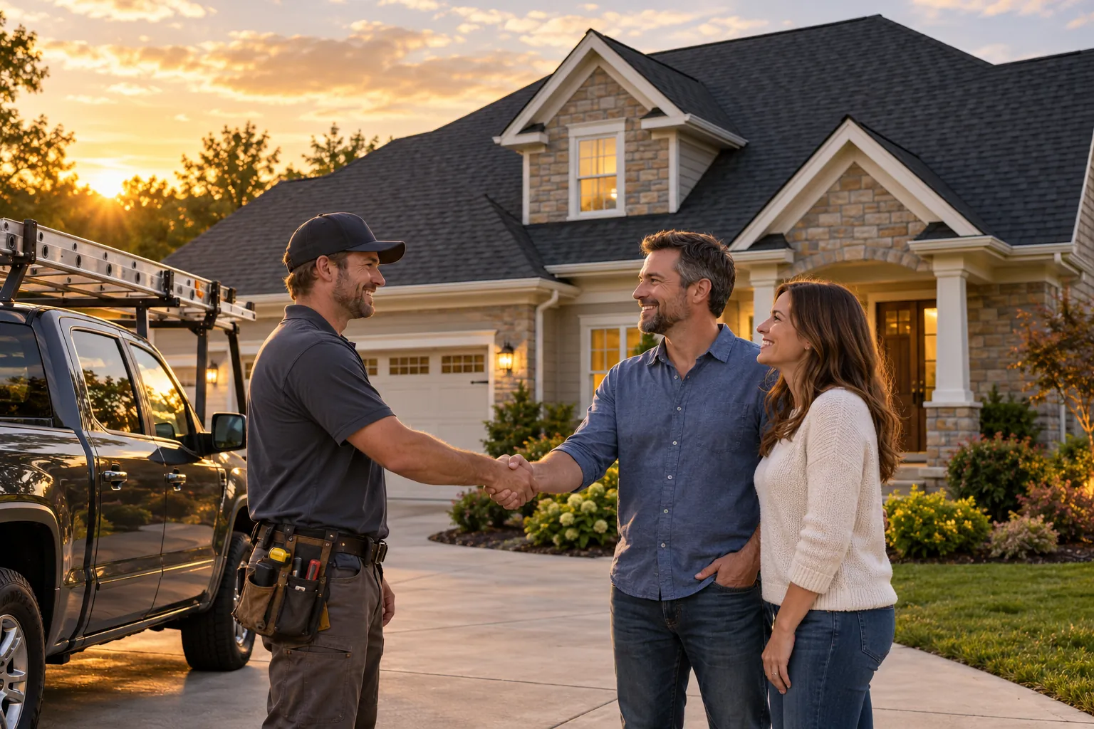 A roofer shaking hands with happy homeowners in front of a brand new roof