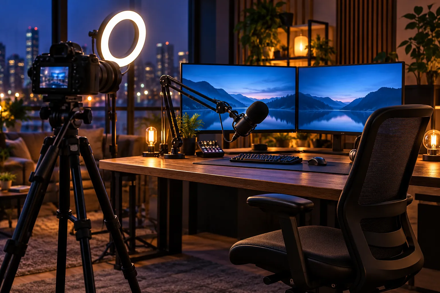 A broadcast setup with camera, microphone, ring light and two glowing monitors, ready to go live