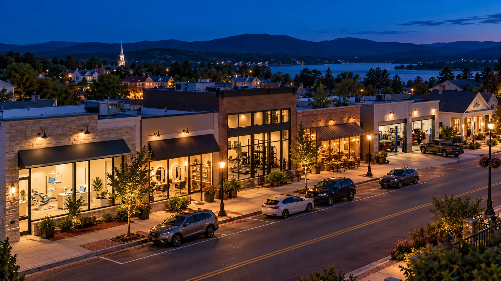 A small-town main street at dusk with lit shop windows: a dental office, a salon, a gym, a cafe and a garage