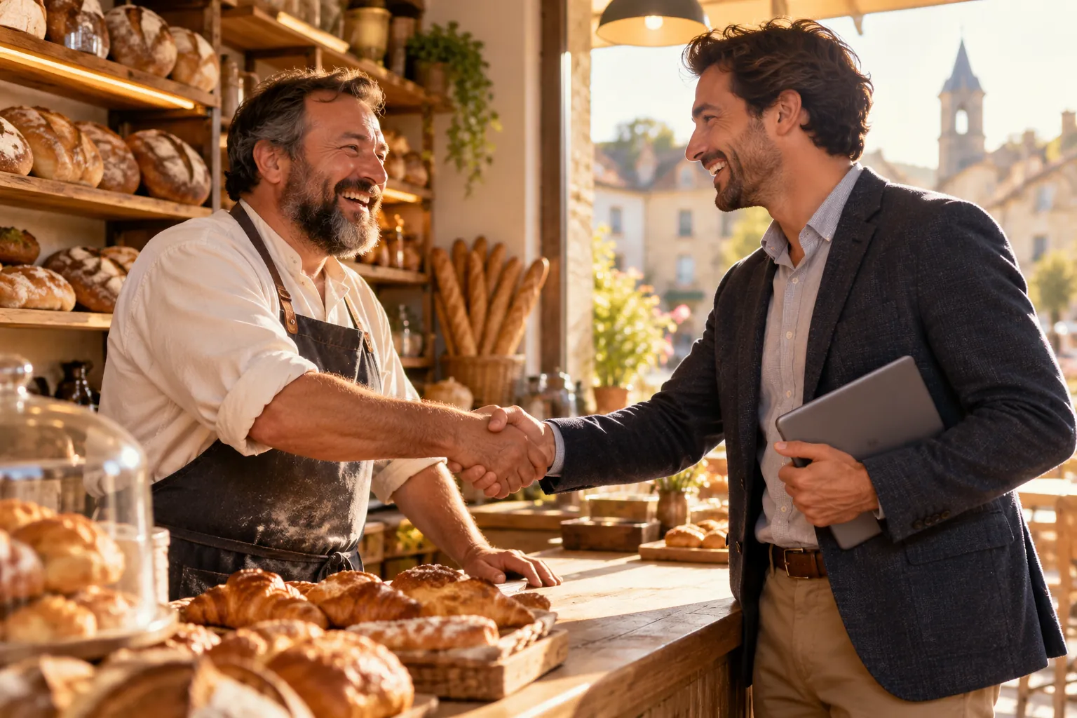 A consultant with a tablet shaking hands with a laughing bakery owner across his counter