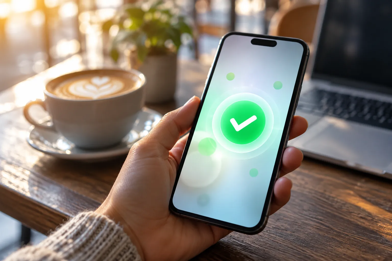A hand holding a phone at a cafe table, a big green check glowing on the screen