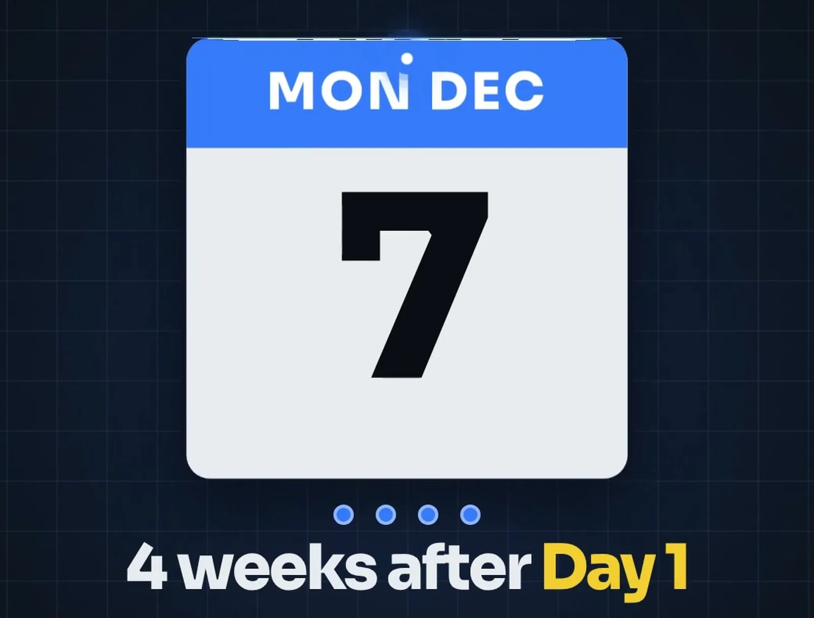 From Sean's video: a calendar page for Monday, December 7, 4 weeks after Day 1