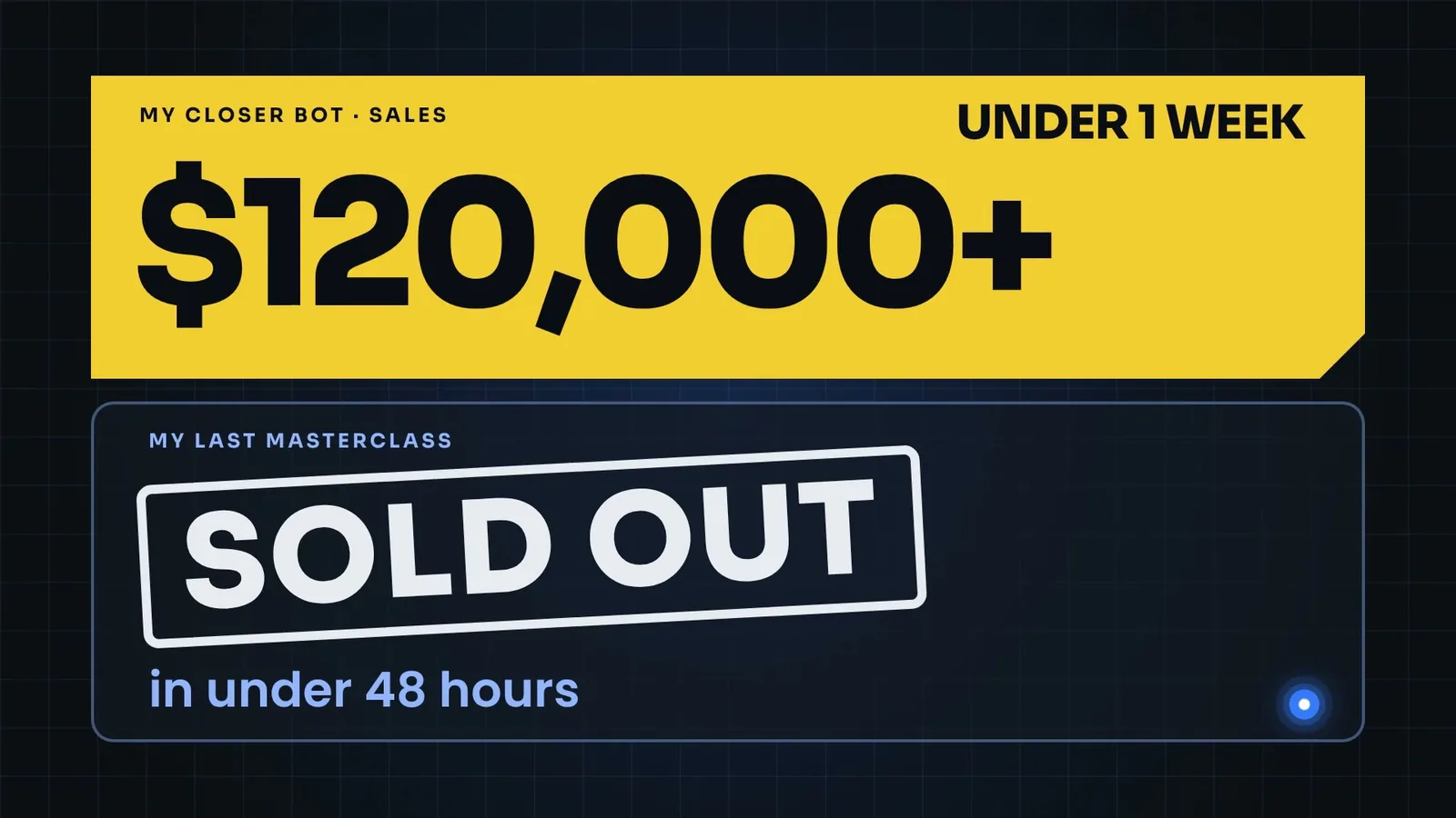 From Sean's video: my closer bot, $120,000+ in sales in under 1 week, and my last masterclass sold out in under 48 hours