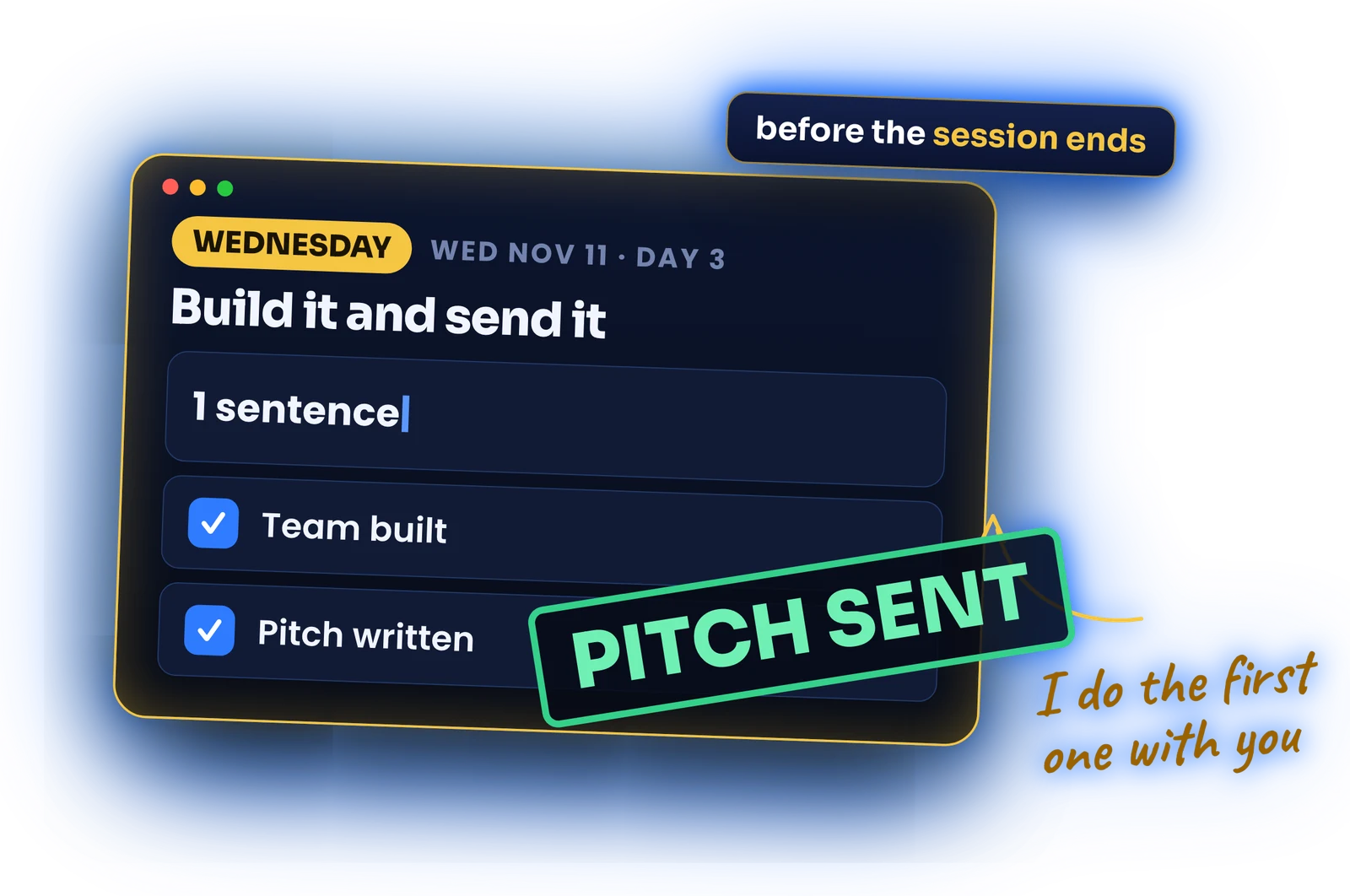 Wednesday: one sentence builds the team, the pitch is written, and a PITCH SENT stamp lands before the session ends.