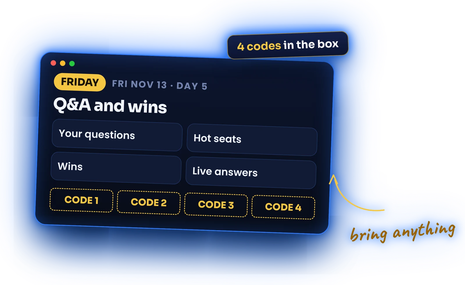 Friday Q and A and wins grid with four prize codes in the box.