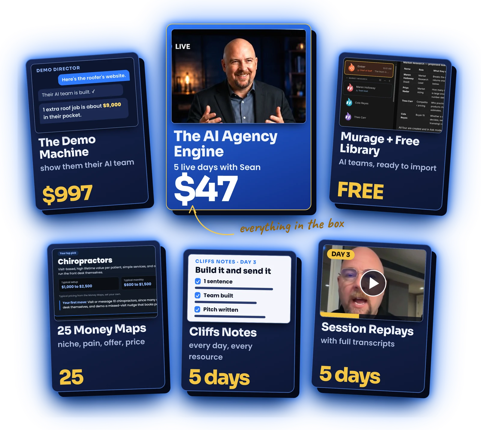 Product boxes: The AI Agency Engine at $47, The Demo Machine, Murage plus Free Library, 25 Money Maps, Cliffs Notes and Session Replays.